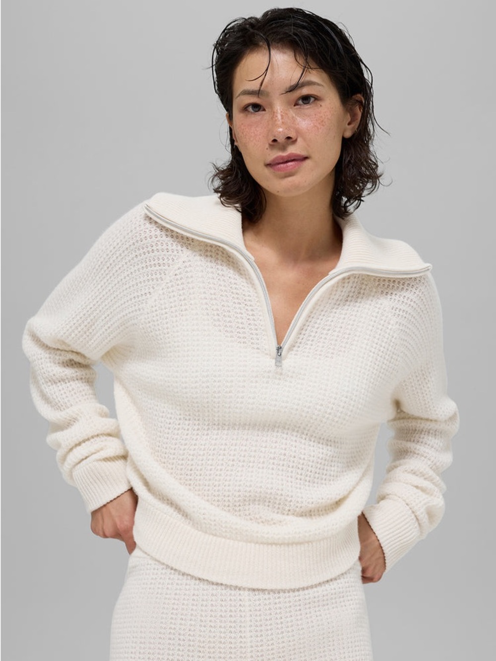 Alo Yoga Cashmere Plush Waffle 1/4 Zip Pullover Sweater in Ivory